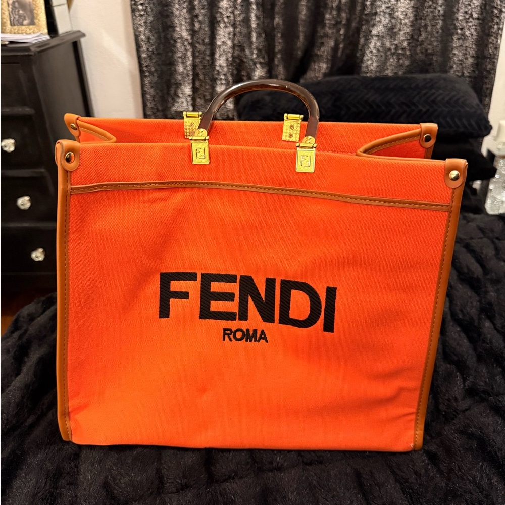 Fendi Orange Canvas Shopper with Brown Accents